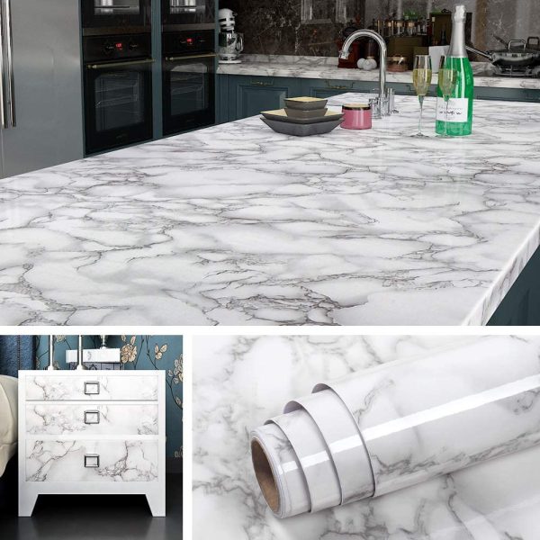 White & Dark Grey | Marble Sheet Sticker 60x200cm | Waterproof Self-Adhesive PVC Wallpaper for Furniture Walls